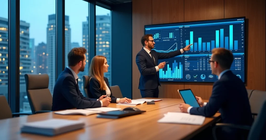 Contador apresentando análise financeira consultiva para empresário em reunião profissional