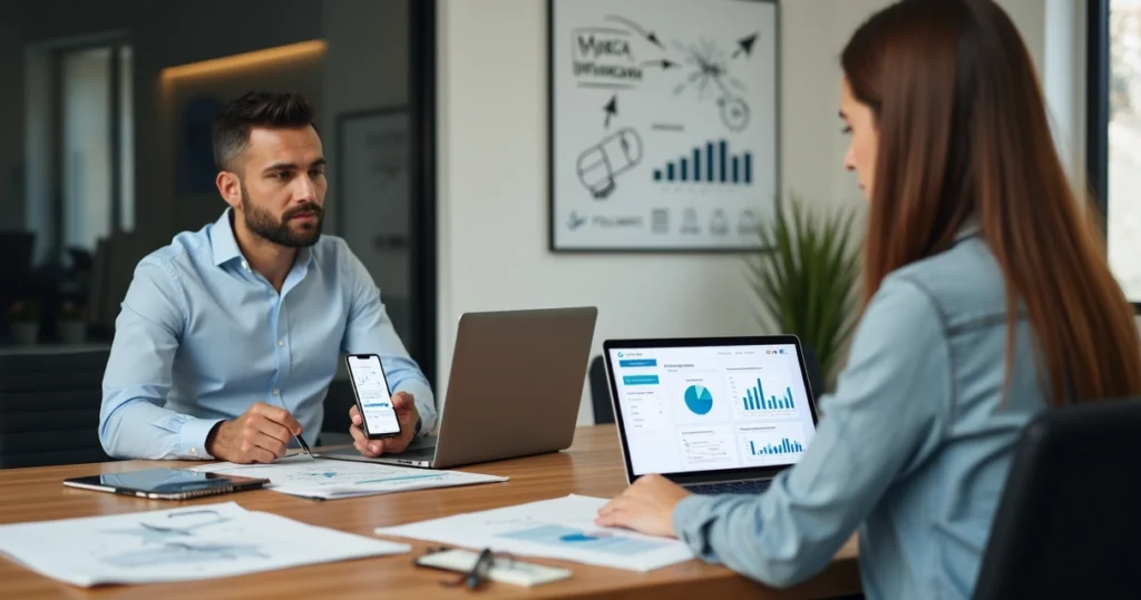 Reunião entre influenciador digital e contador analisando resultados de campanha em rede social