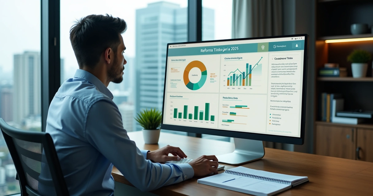 Contador em escritório moderno analisando reforma tributária e nichos de clientes