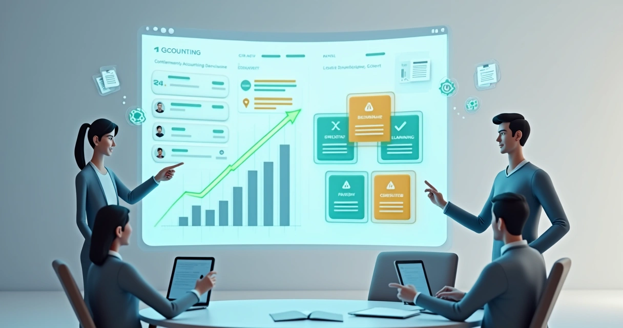 Equipe contábil analisando painel de CRM com serviços complementares em destaque